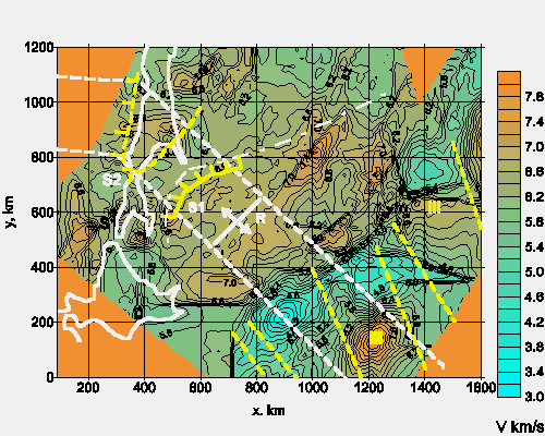 Velocity map-slice at the depth 12 km with elements of tectonic scheme