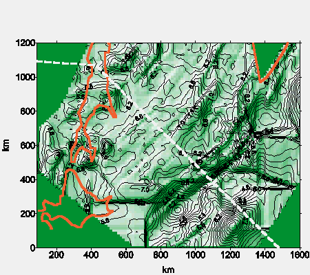 Velocity  map-slice with shaded relief at the depth 12 km